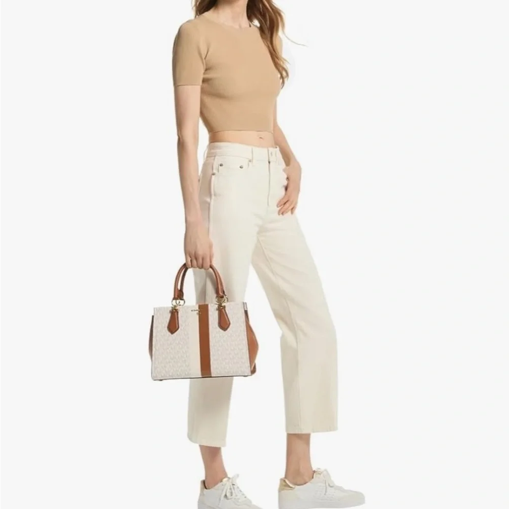 NWT Michael Kors Marilyn Vanilla/Luggage Satchel Crossbody Design MSRP $298